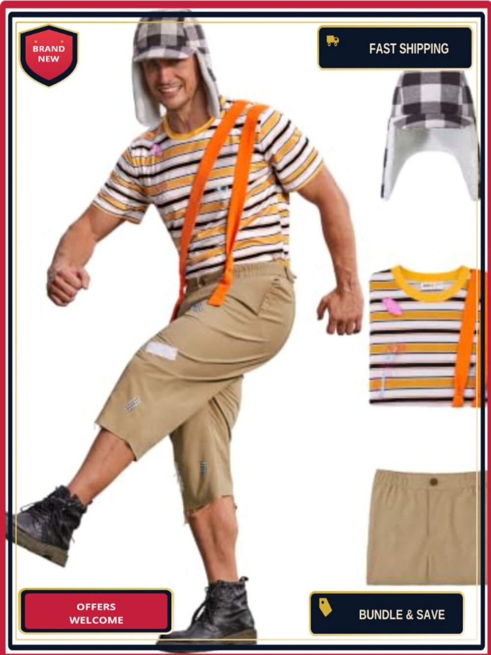 Men's 4 Piece Comedy Costume Set T-Shirt Shorts Suspenders Hat Halloween